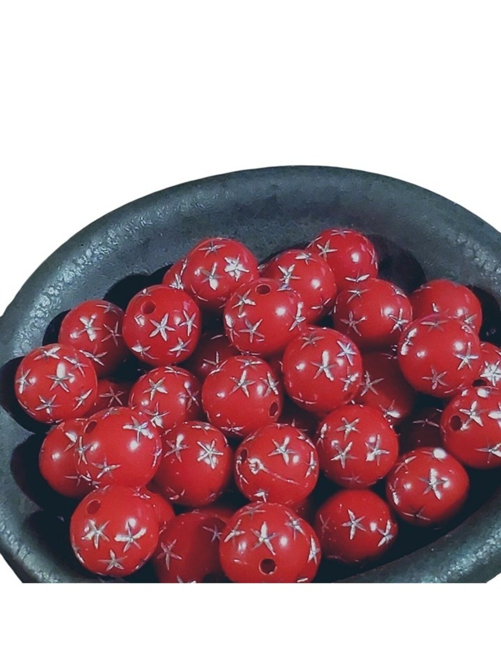 10 Vintage Retro Red & Silver Stars 12mm Round Acrylic Shabby Chic Beads